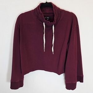 SATVA Burgundy Bell Sleeves Mock Neck Athletic Boxy Cropped Sweatshirt Size S